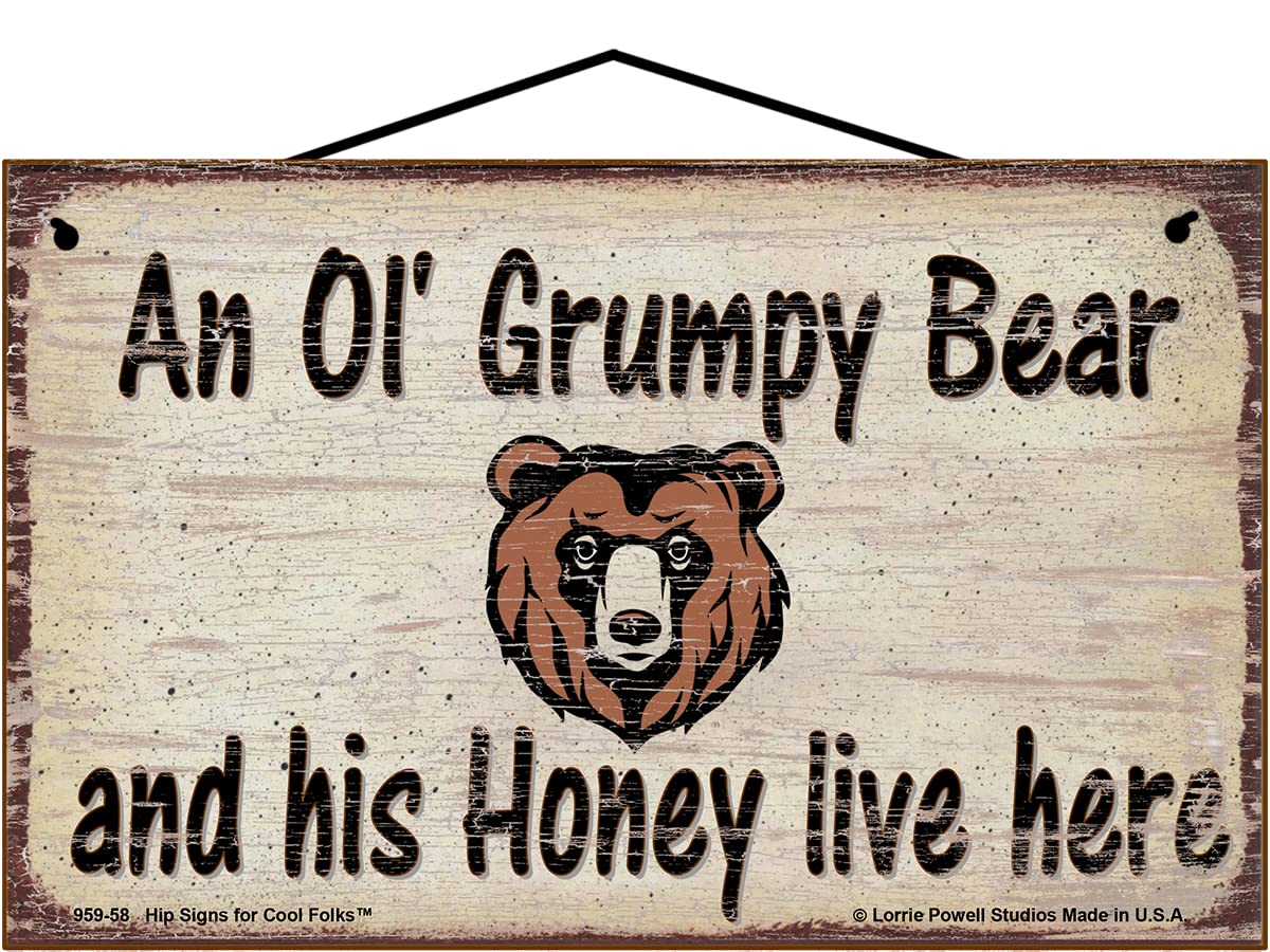 5x8 An Ol' Grumpy Bear and His Honey Live Here Sign - Vintage Style Cartoon Bear Welcome - Old Humorous Home Decor Perfect for Bear Lovers and Married Couples