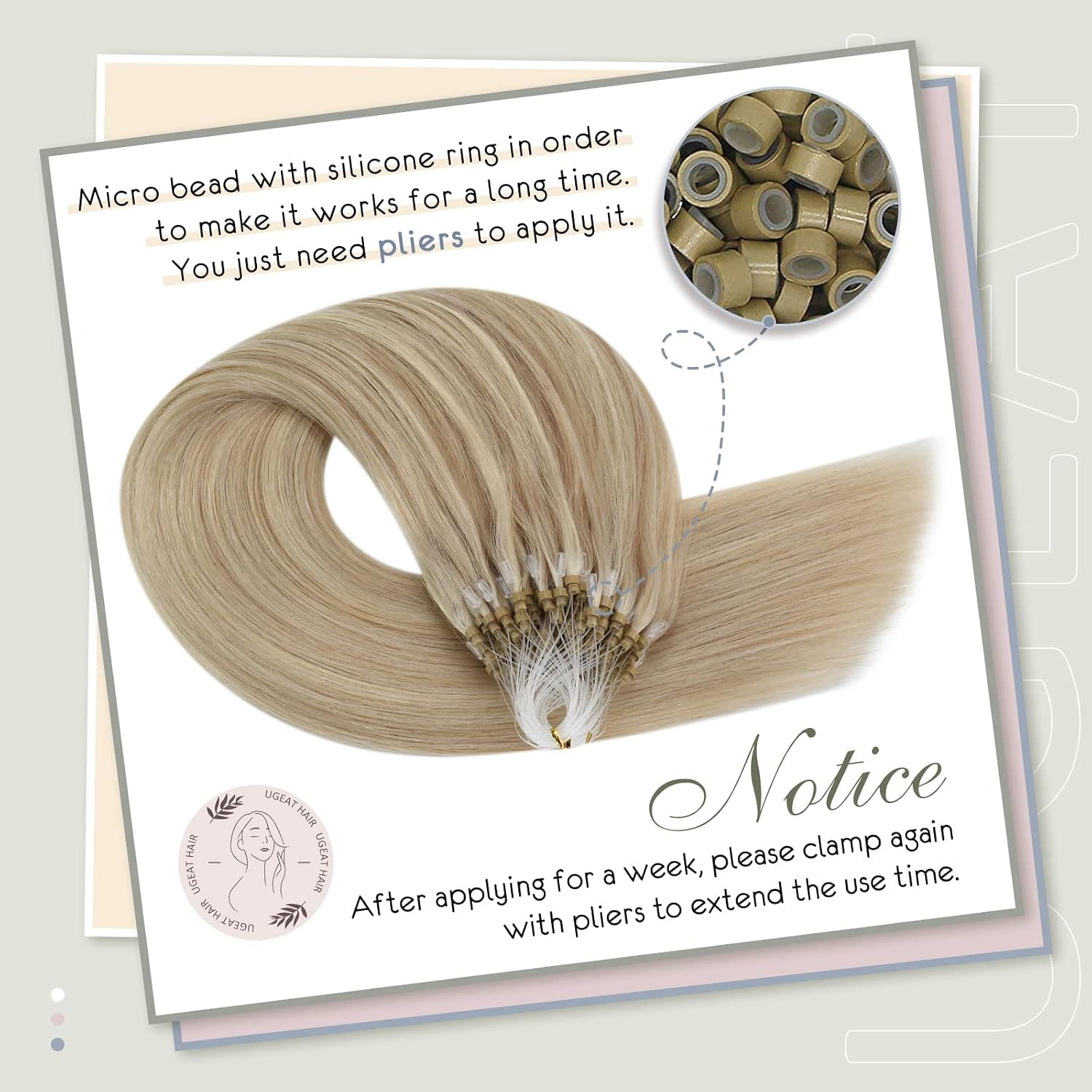 Ugeat Blonde Micro Ring Hair Extensions Ash Blonde Highlight Micro Loop Hair Extensions Real Human Hair 14 Inch Highlights Bleach Blonde 50G/50S #18/613 - Image 4