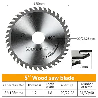 2PCS 5 Grinder Circular Saw Blade for Wood, PVC & Plastic (125mm/40 Teeth) | 22.23mm Woodworking Saws Blade Carbide, Bore Angle Grinder Cutting Disc, 125mm Cutting Disc for Wooden Floor