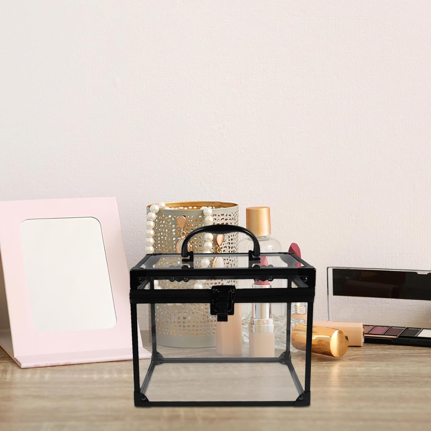 Transparent Makeup Travel Case with Lockable Design Clear Cosmetic and Jewelry Organizer for Vanity Bathroom Dresser Portable Display Box Padlock