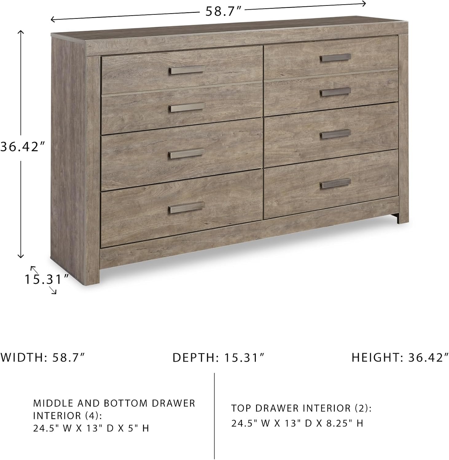 BOWERY HILL 6-Drawer Double Dresser, Solid Wood, Driftwood Gray Finish, Pewter-Tone Hardware, 36.42" H x 62.24" W x 15.35" D, Rustic Bedroom Storage, Smooth-Gliding Drawers, Timeless Furniture