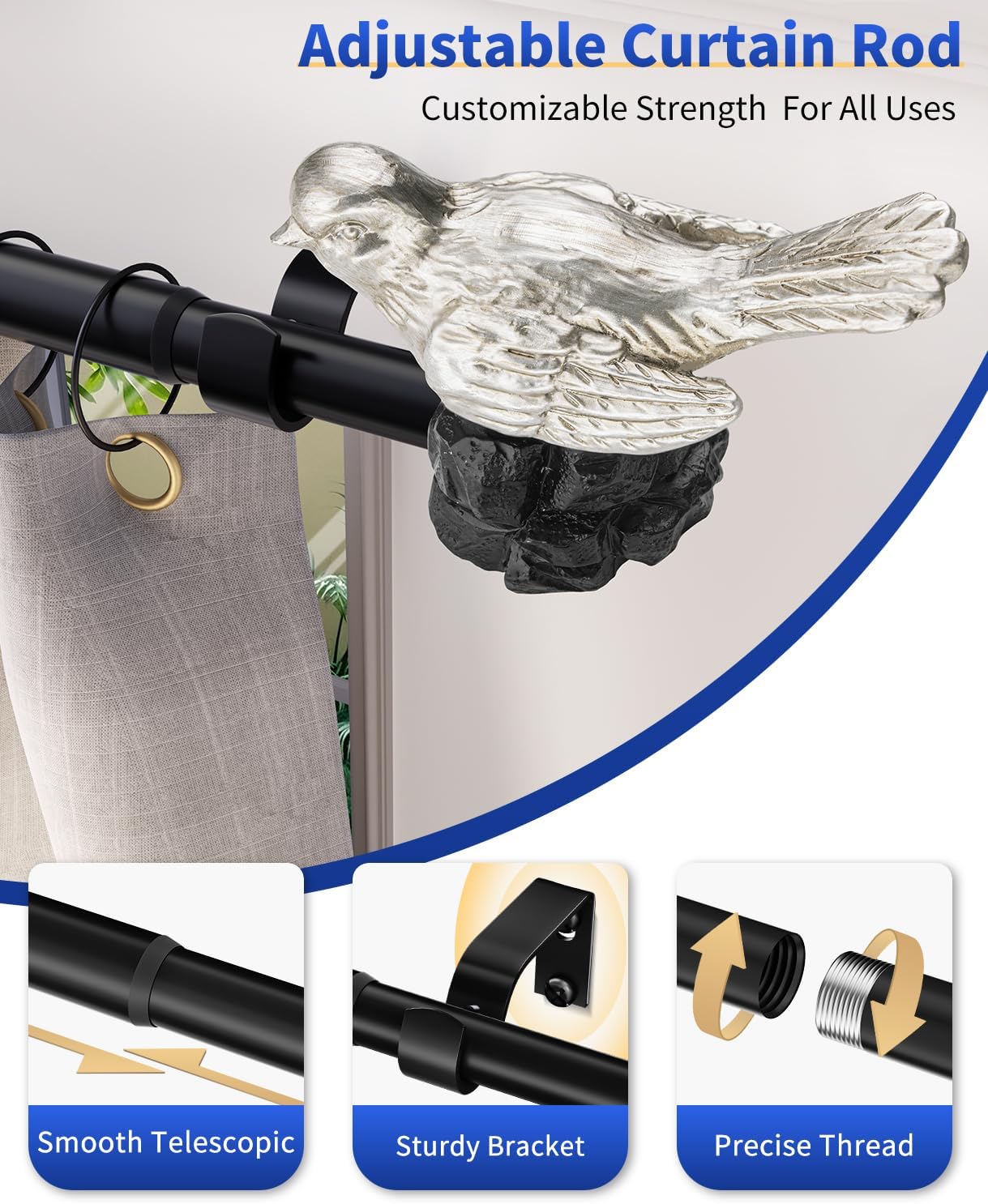 Vintage Heavy Duty Curtain Rods for Windows Adjustable Curtain Rod with Bird Finial Heavy Duty Curtains Rod for Kitchen and Living Room Windows