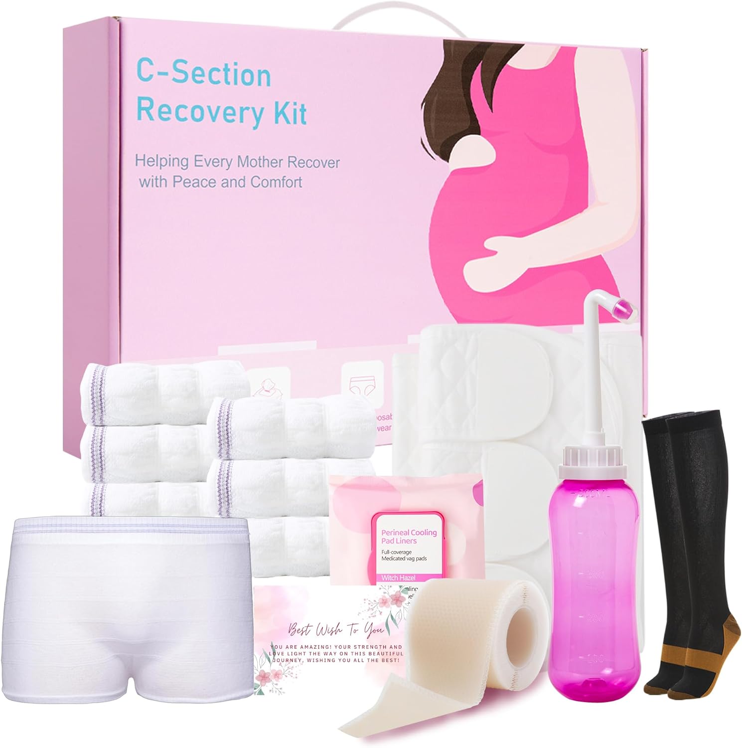SOFTCA C Section Recovery Must Haves Kit – Peri Bottle,Disposable Mesh Underwears,Witch Hazel Pad Liners,Silicone Scar Patches, Abdominal Belly Binder,Socks,C-Section Recovery Essentials Kit