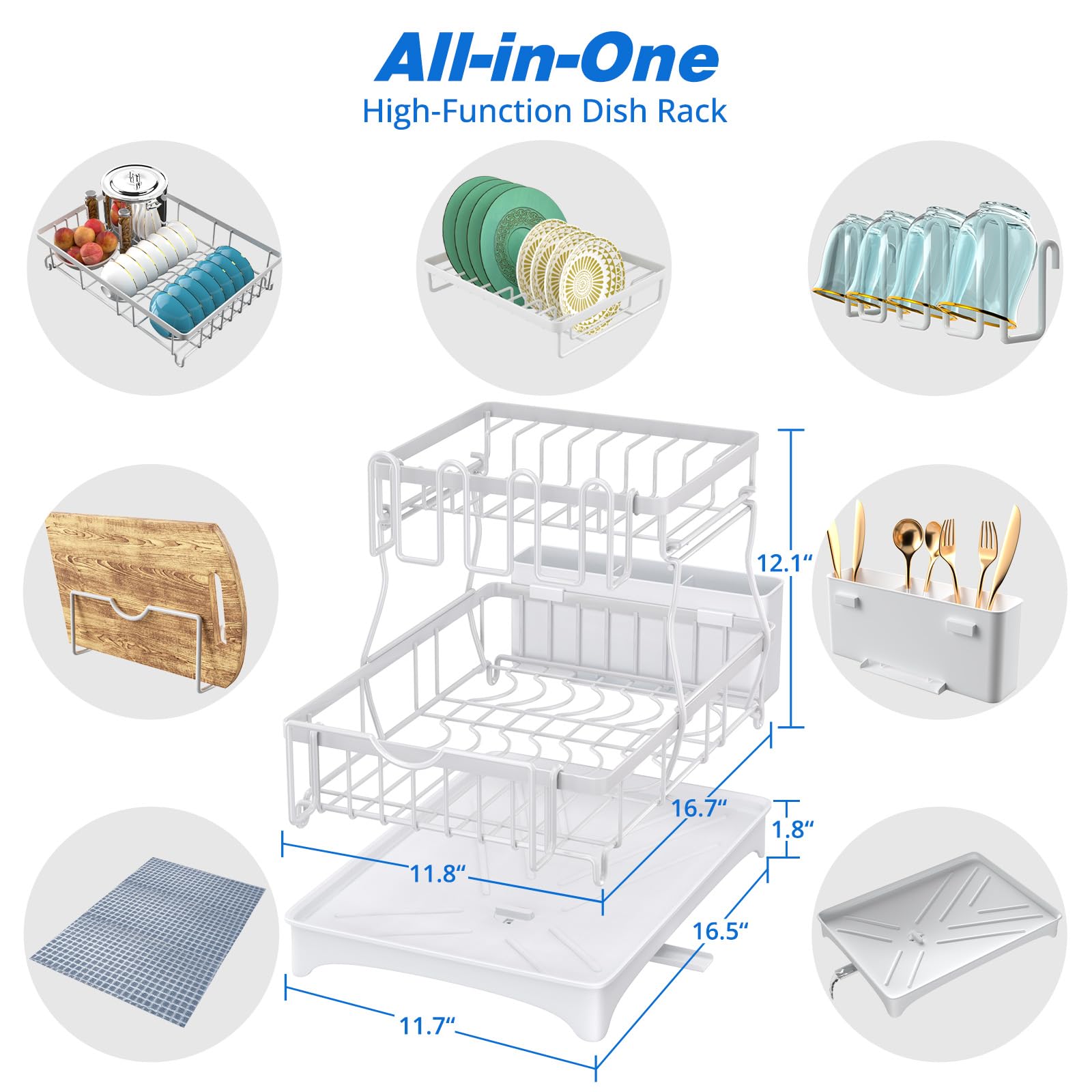 Godboat Égouttoir à vaisselle à 2 niveaux avec drainage automatique et tapis, égouttoir à vaisselle pour comptoir de cuisine, égouttoir à vaisselle avec couteau, fourchette et porte-gobelets, cadeaux