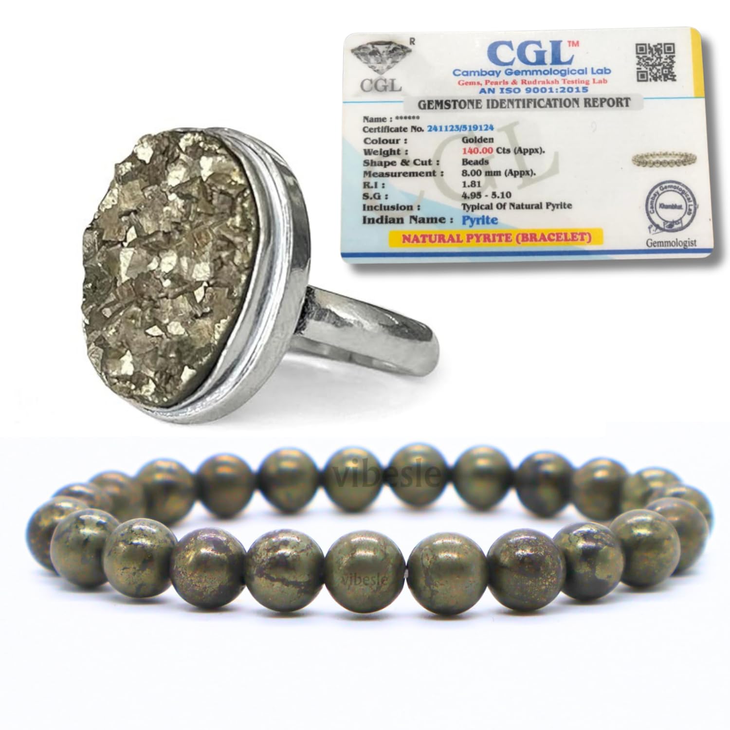 VIBESLE Combo Original Pyrite Bracelet With Lab Test Certificate and Natural Pyrite Stone Ring For Men Women - Certified Pirate Crystal Ring for Money, Abundance, Wealth, Success and Prosperity (B0D31Q38R4) Amazon Price History, Amazon Price Tracker