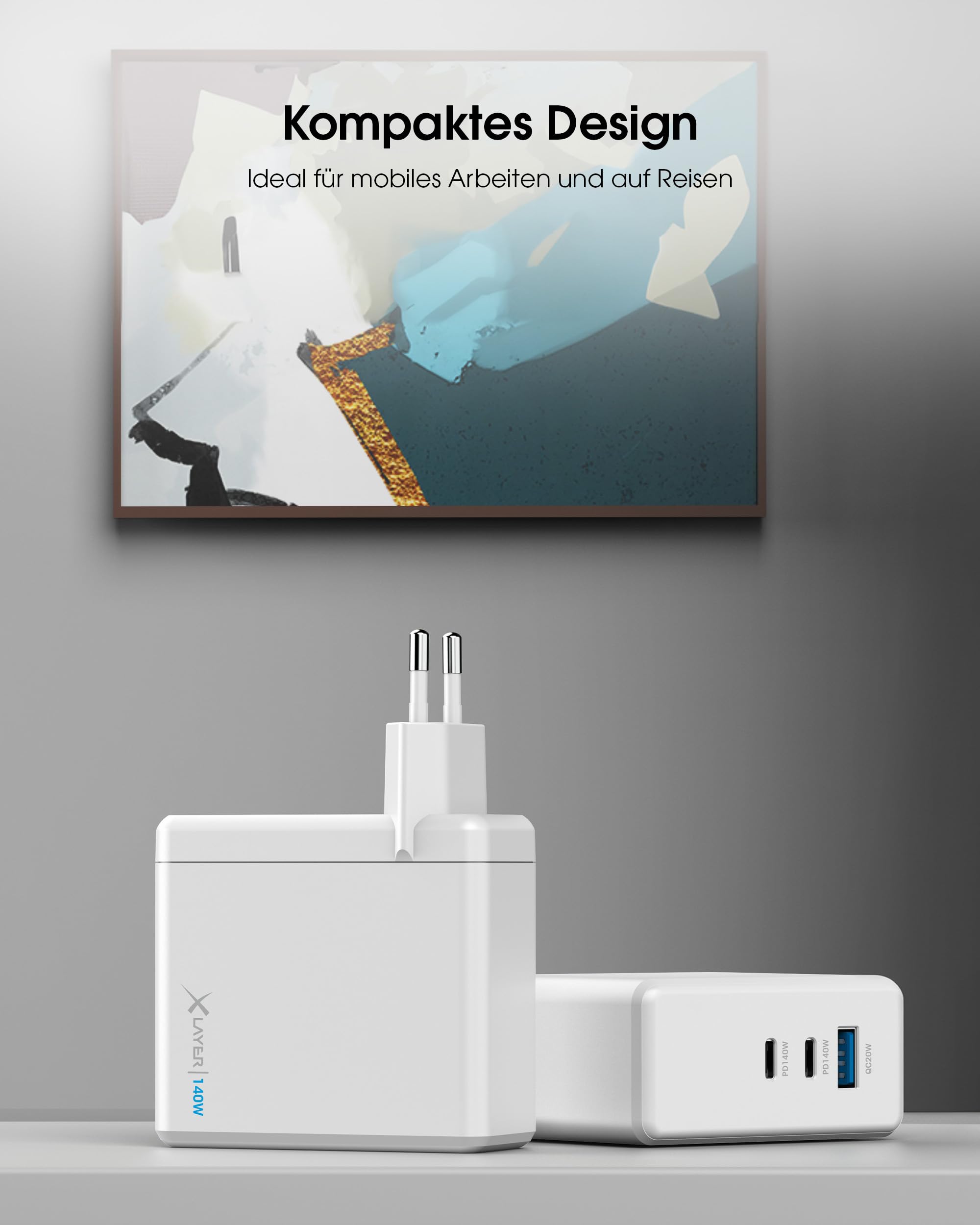 XLayer Powercharger - Caricatore rapido USB-C I 140 W PD I GaN Charger I 3 porte I compatibile con MacBook Pro/Air, iPhone 16 15 Pro Max/15/14 Pro Max/14/13, iPad Pro, Galaxy S23 Ultra/S22, Lenovo