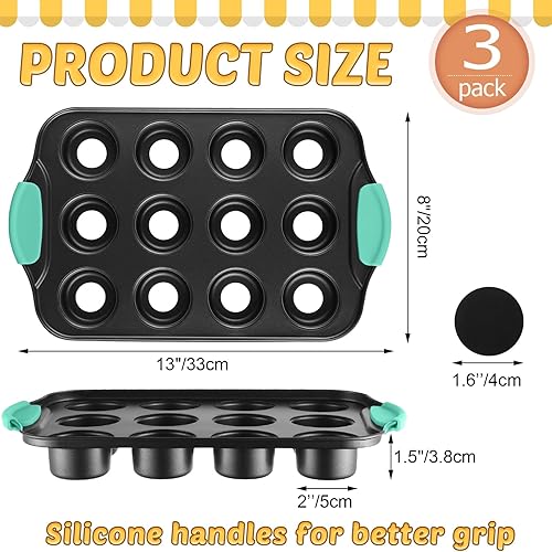 Miniatura 9 de Paquete de 3 mini moldes para tartas de queso extraíbles, 12 cavidades, mini molde para magdalenas con mango de silicona, antideslizante, anticalor,