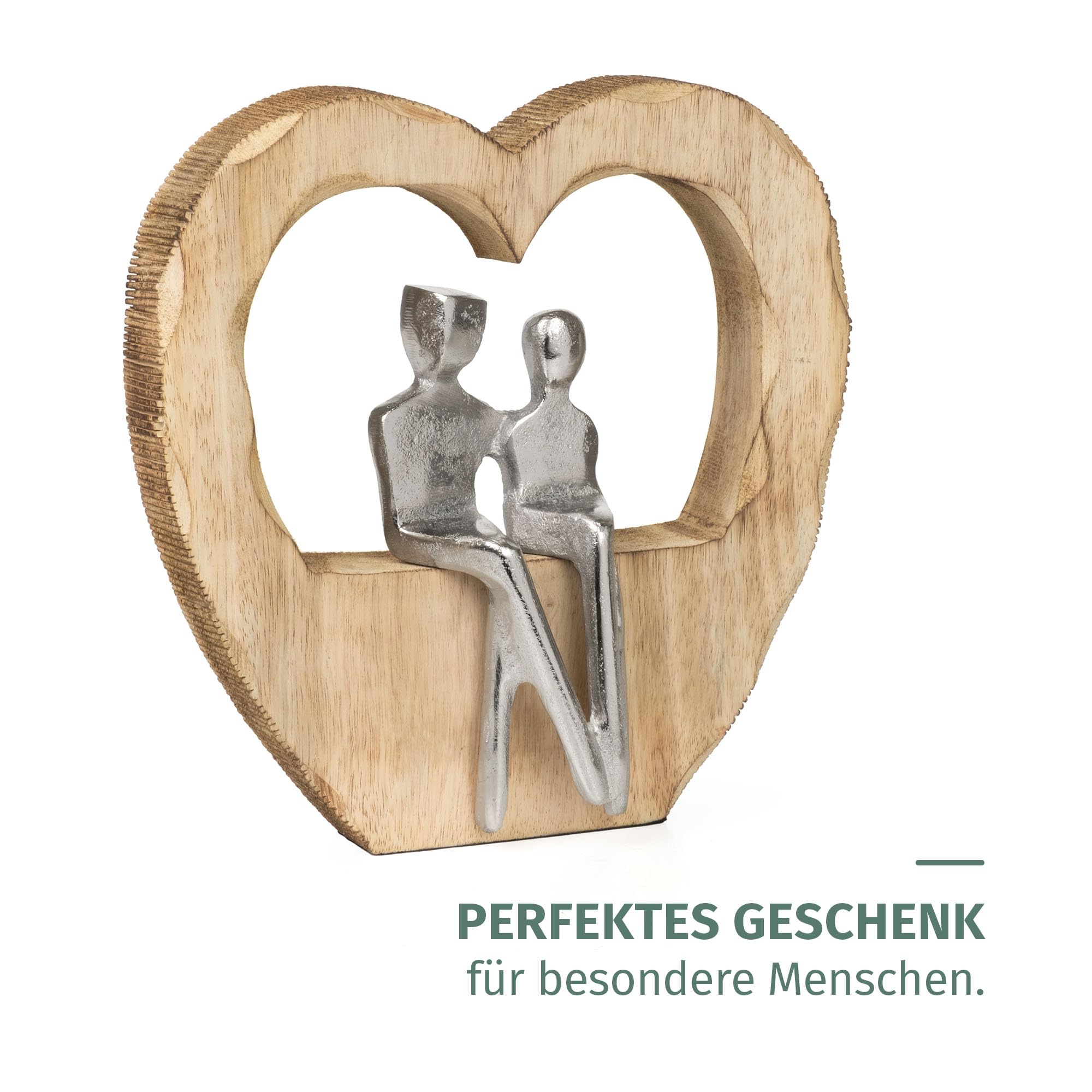 Moritz Figurka dekoracyjna Heartbound 25,5 cm z drewna mango i aluminium rzeźba w kształcie serca z motywem dwóch osób symbol miłości bliskości i bezpieczeństwa, nowoczesna dekoracja, rękodzieło