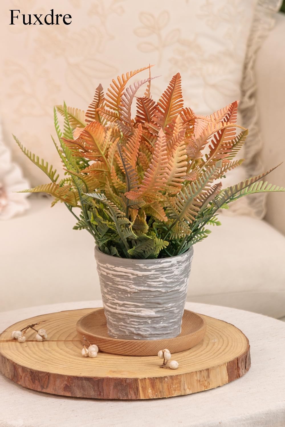 2 Packs Small Fake Plant for Shelf Decor - Fern Plant Decoration for Spring Decor, Small Greenery for Shelf with Gray Melamine Pot for Home, Indoor, Office, Desk, Table (Autumn Orange)