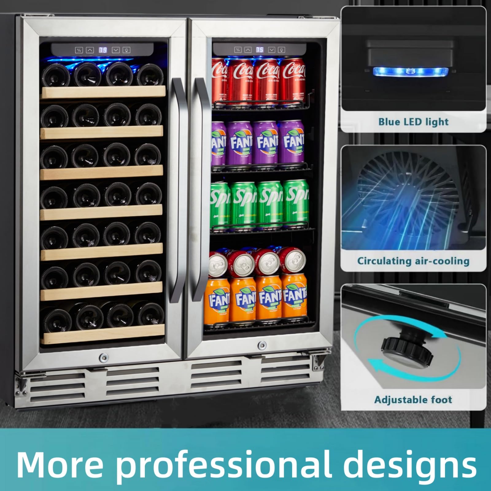 Wine And Beverage Refrigerator With Smart Temperature Control, Large Capacity Wine Cooler 33 Bottles And 100 Cans, Built-In Or Freestanding, LED Light, Compressor Cooling For Wine, Champagne, Drinks on Fridge.com - View 5