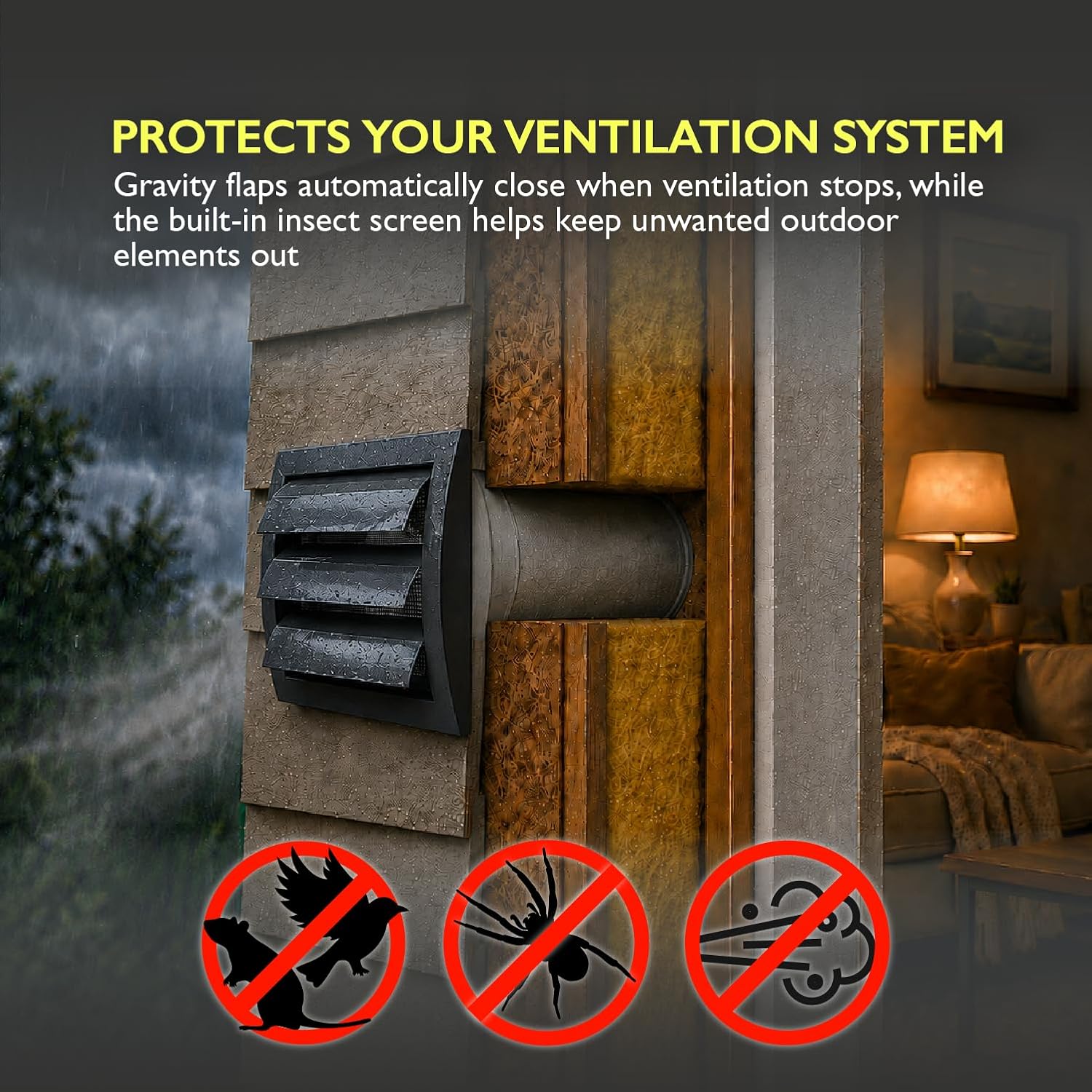 4 Inch Dryer Vent Cover Outside – Black Louvered Plastic Air Vent Cover with Gravity Flaps and Protective Mesh – UV Resistant Exterior Wall Vent Cap for Outdoor Exhaust 4 Inch Duct