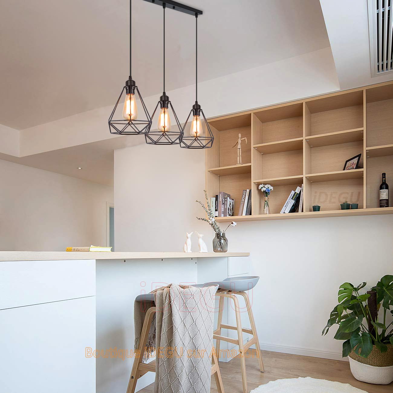 iDEGU 3 Luci Lampadario a Sospensione Industriale Vintage Lampada a Sospensione 20cm Metallo Gabbia Paralume Illuminazione E27 Lampadario da Soffitto per Soggiorno Cucina Sala da Pranzo (Nero, Barra)