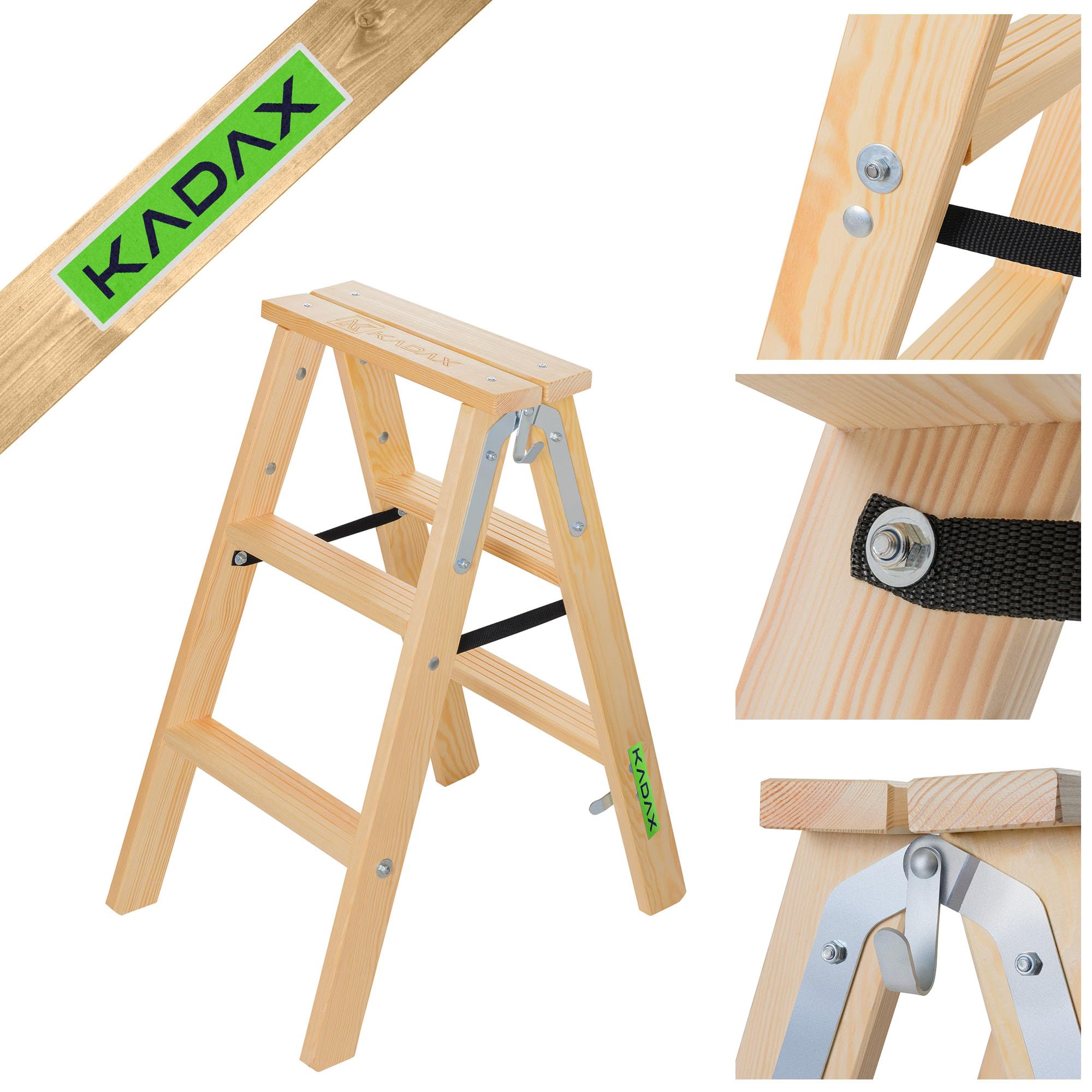 KADAX Escalera de madera plegable, 3 peldaños, con gancho de acero, escalera de pie para el hogar y el jardín