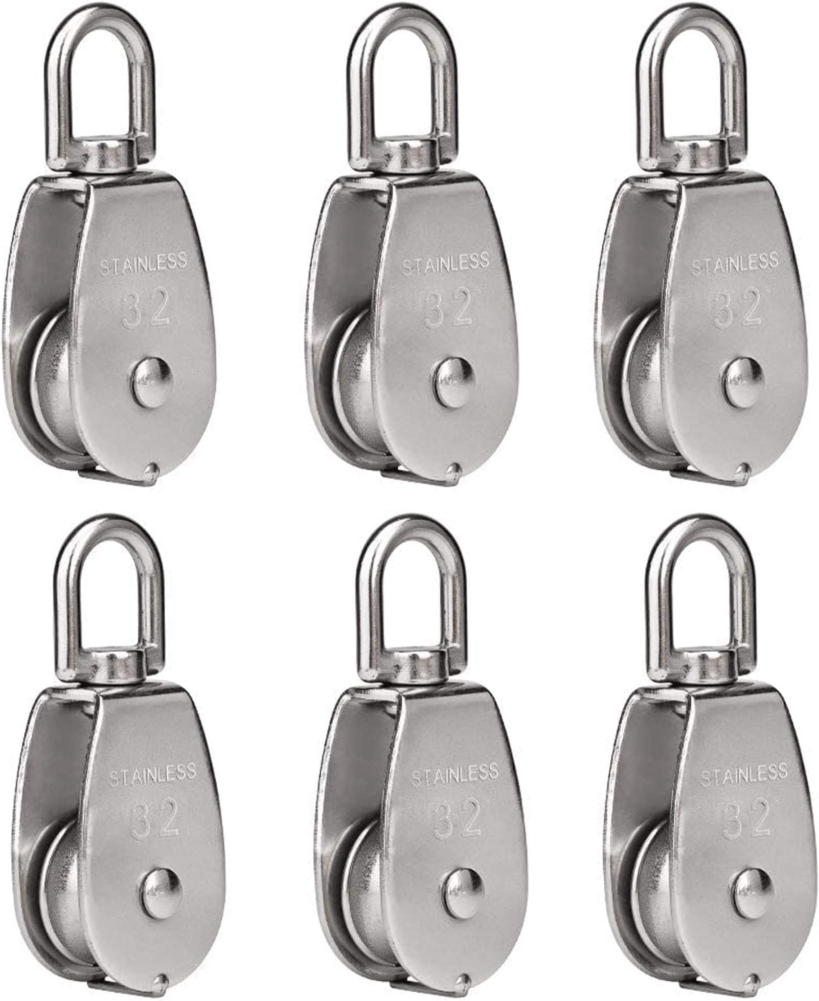 6 Pack M32 Lifting Single Pulley Roller Loading 551Ibs, 304 Stainless Steel Heavy Duty Single Wheel Swivel Lifting Rope Pulley Block