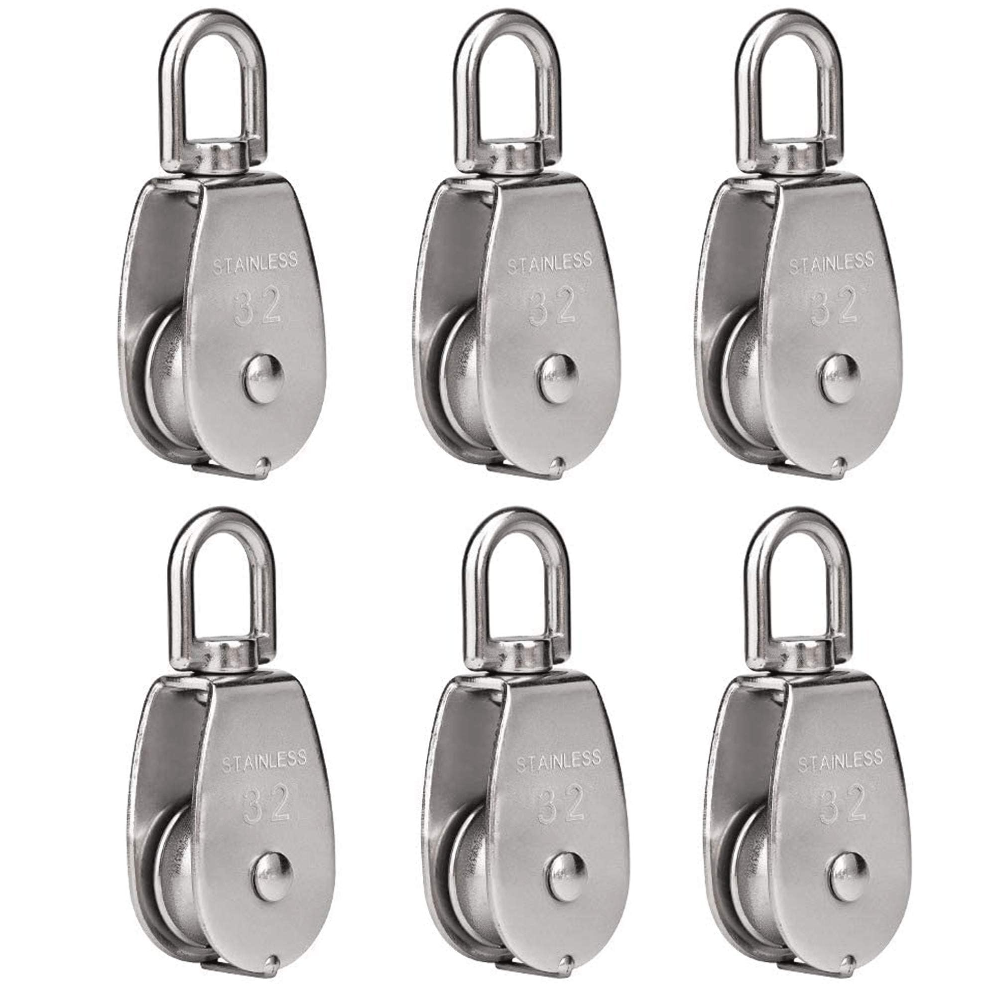 6 Pack M32 Lifting Single Pulley Roller Loading 551Ibs, 304 Stainless Steel Heavy Duty Single Wheel Swivel Lifting Rope Pulley Block