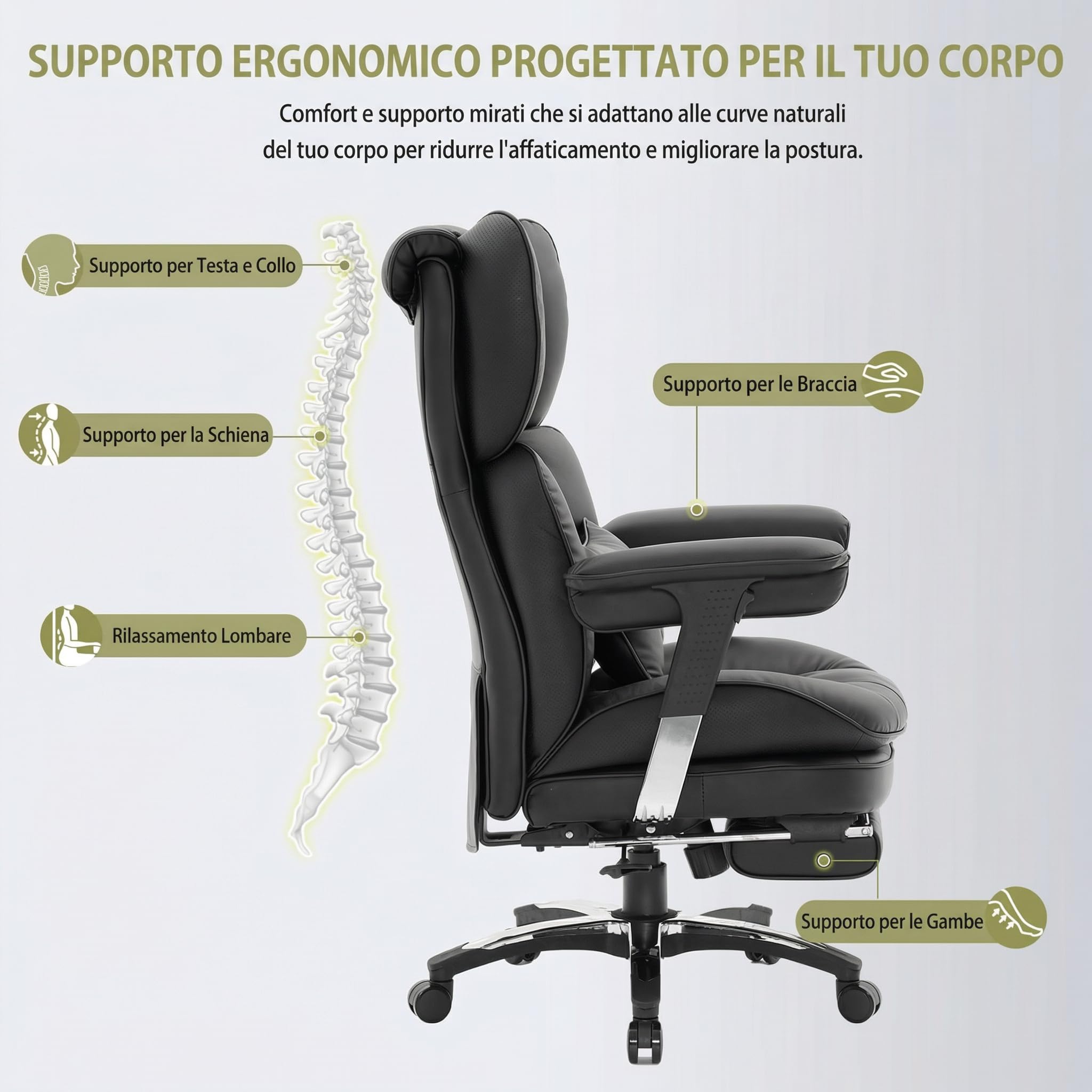 Efomao Sedia ufficio in pelle PU con ricamo X, grande e alta, schienale alto regolabile, sedia da gioco computer, girevole executive 200 kg, poggiapiedi e supporto lombare