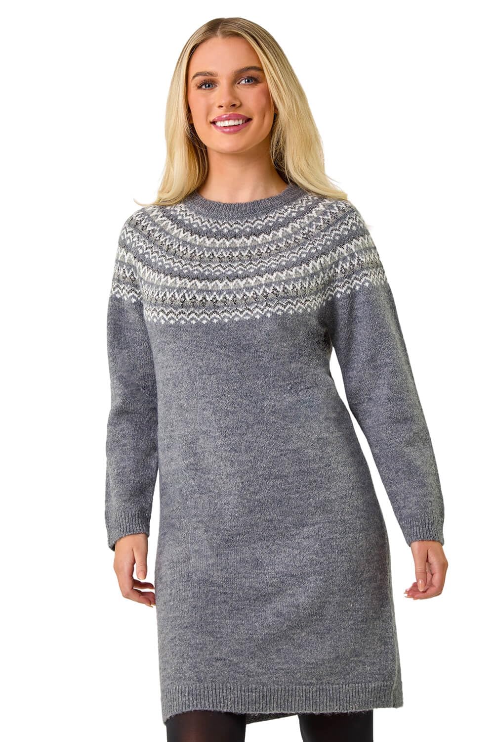 Roman Women's Grey Petite Fairisle Knit Jumper Dress