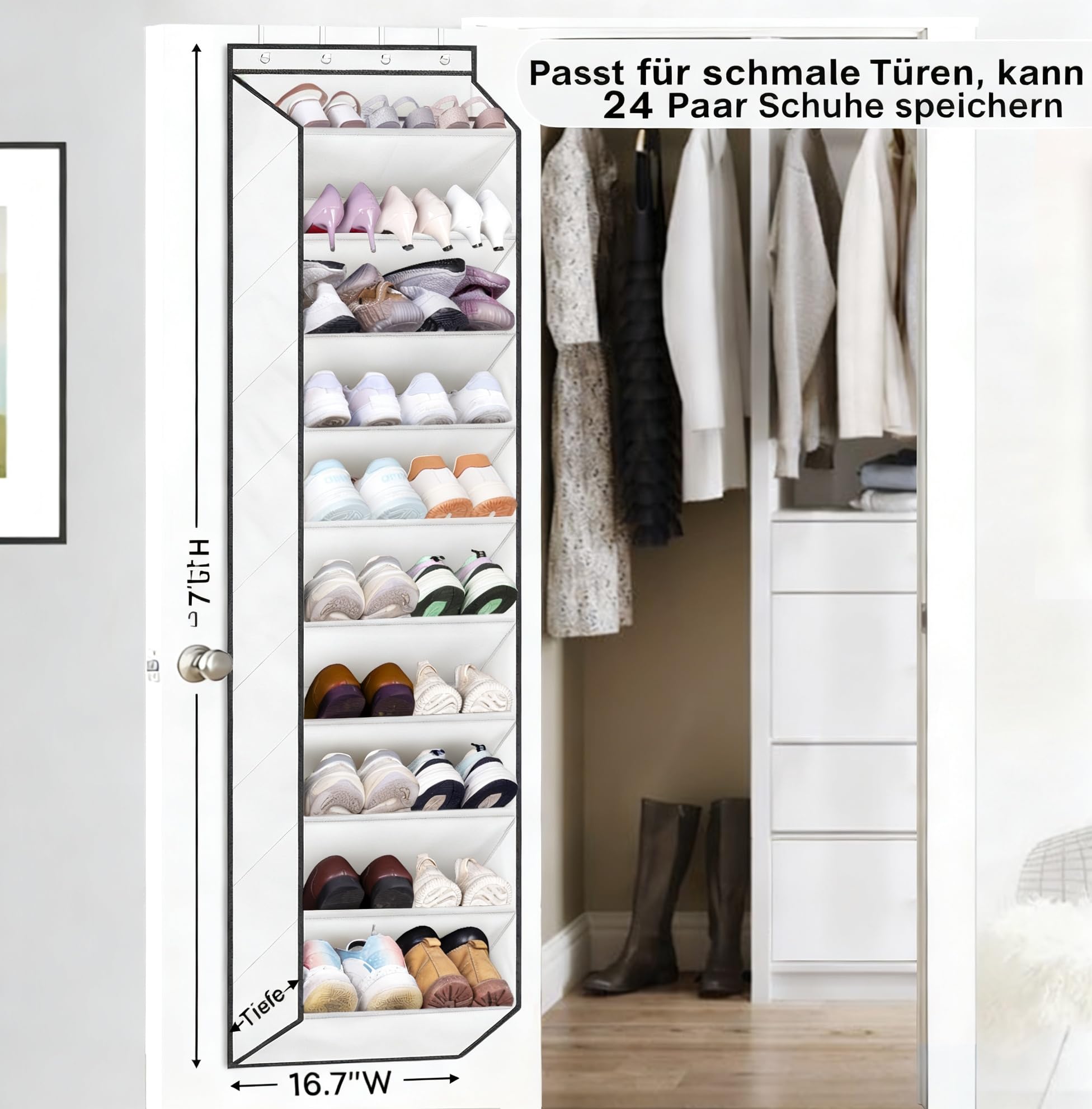 MISSLO Zapatero colgante para puerta, organizador con 10 bolsillos grandes y profundos, organizador de zapatos estrecho para colgar en la puerta, 30 pares de almacenamiento de zapatos colgante para