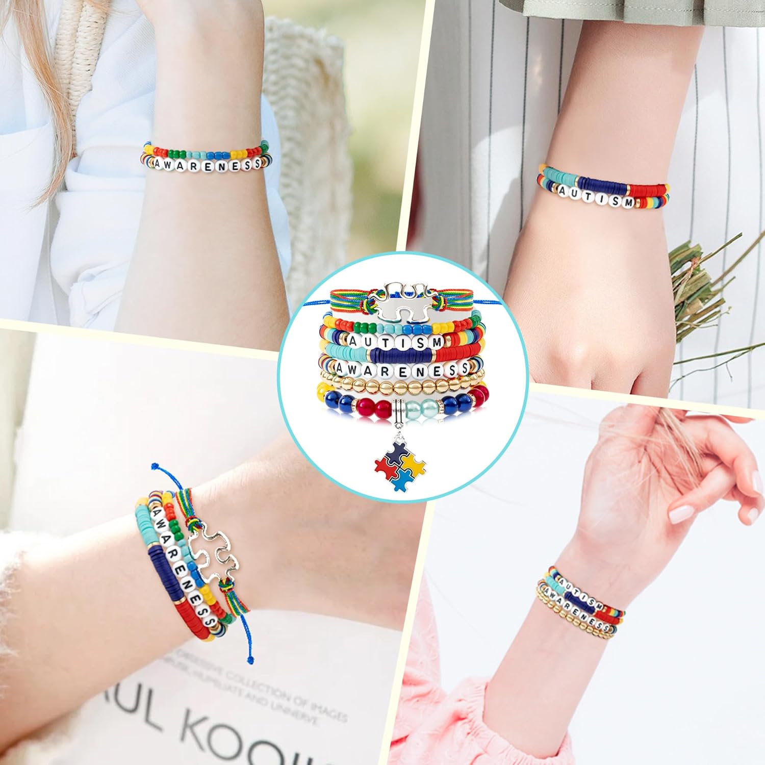 Y1tvei Autism Awareness Clay Bead Bracelets - 7Pcs Autism Awareness Clay Bead Surfer Bracelet Puzzle Piece Pendant Bracelet - Image 6