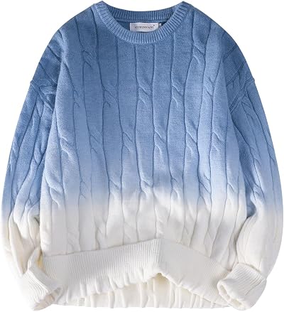 GURUNVANI Unisex Gradient Knit Sweater Crewneck Loose Fit Twist Texture Pullover