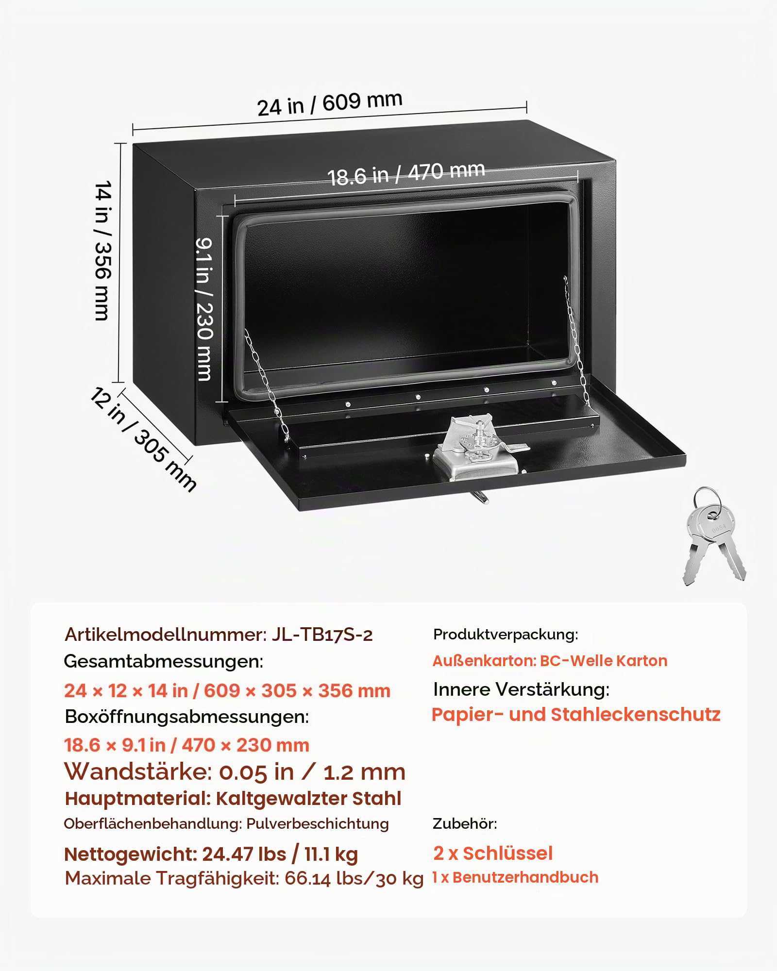 VEVOR Lkw Unterbaubox 609 x 305 x 356 mm Unterflur Staukasten Kaltgewalzter Stahl Wasserdichter Werkzeugkasten mit T-Griff Schloss für Lkw Anhänger Transporter Werkzeugkiste Unterflurkasten Schwarz