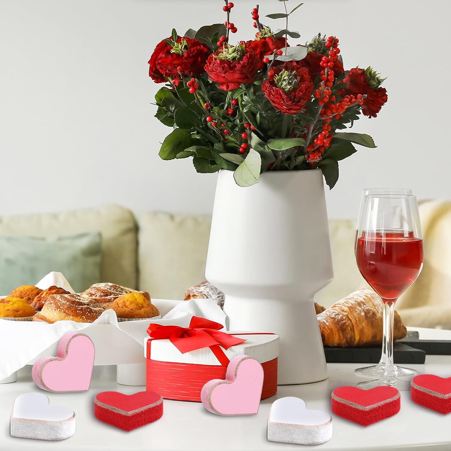 Roowest 24 Pcs Mini Valentine Wooden Heart Bowl Fillers Pink White Red Heart Shelf Table Decor Love Themed Tiered Tray Valentine's Day Gift for Wedding Anniversary Bridal Shower Accent