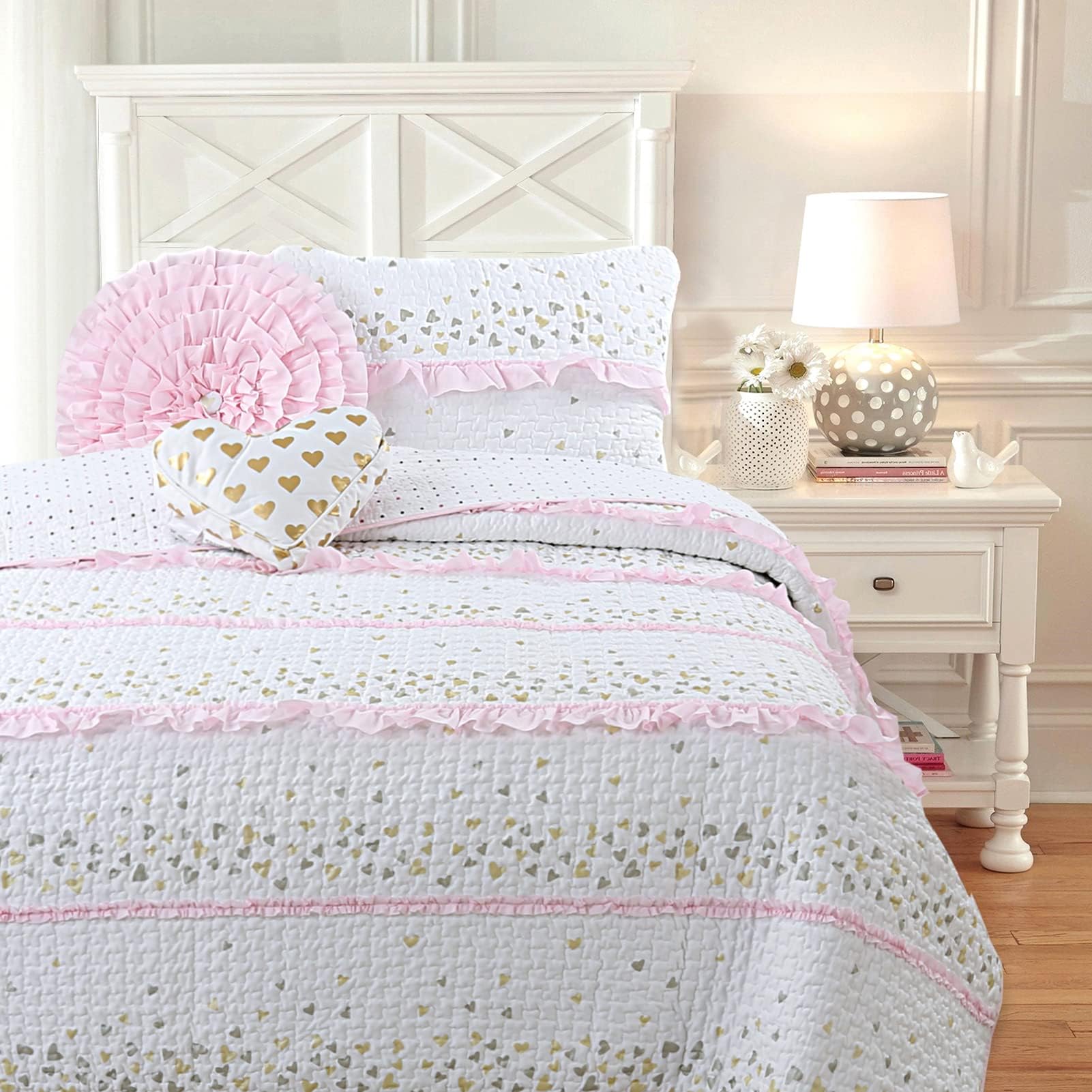Cozy Line Home Fashions Pink Ruffle Gold Hearts Girl 100% Cotton Reversible All-Season Coverlet, Bedspread, Quilt Bedding Set (Sparkling Hearts, Twin - 4 Piece: 1 Quilt + 1 Sham + 2 Decor Pillows)