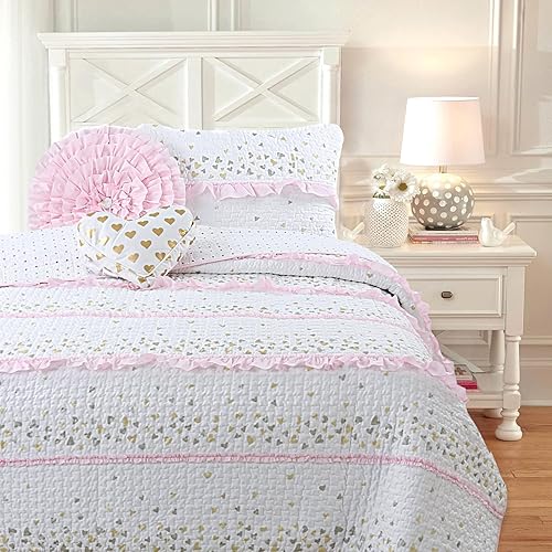 Cozy Line Home Fashions - Juego de ropa de cama reversible de 100% algodón con volantes y corazones dorados para niña, cubrecama, colcha (corazones