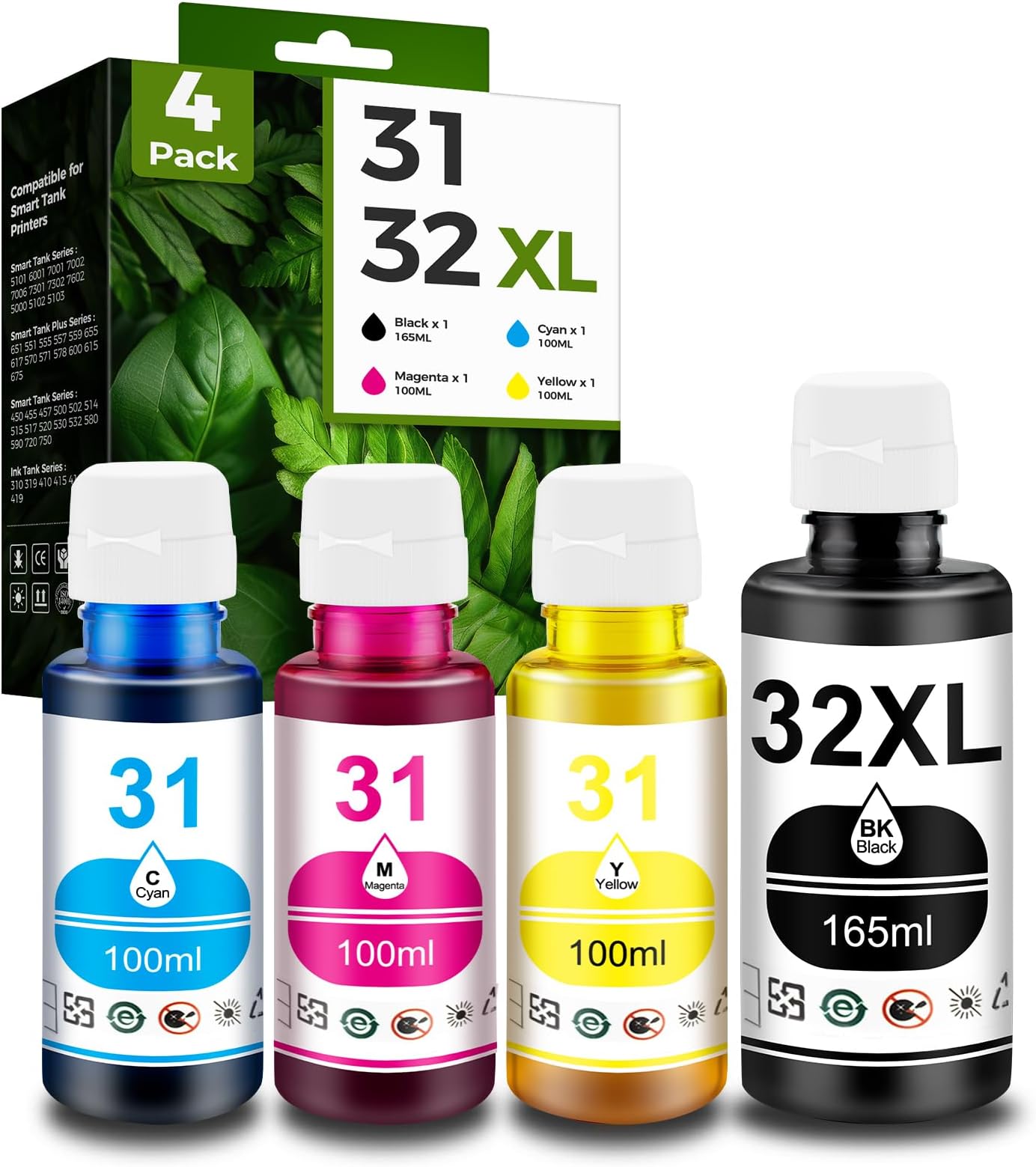 Pristar Compatible with HP 31 32XL Ink Bottle Set Compatible with HP Smart Tank 7301 7001 7602 5000 6001 5101 5102 5103 Plus 651 551 455 457 450 All-in-One Printer (165 ML 32XL Black Ink 100 ML 31 CMY | Compatible with HP Smart Tank 7301 7001 7602 5000 6001 5101 5102 5103 Plus 651 551 455 457 450 All-in-One Printer