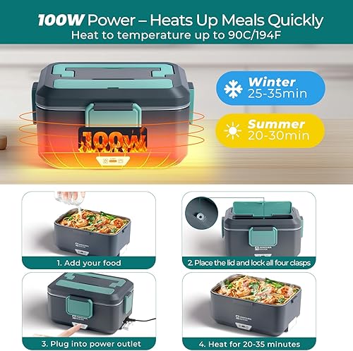Miniatura 5 de Annie & Mia Design Fiambrera eléctrica para adultos, 100 W, 3.5 L, calentador de alimentos portátil de 2 capas, modo dual de 2.5 L + 1 litro,