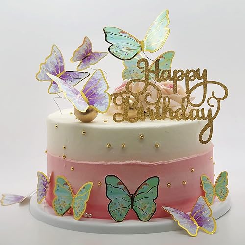 Miniatura 7 de 60 decoraciones de mariposa para cupcakes rosa y dorado morado, animadas mariposas 3D para decoración de pasteles, cumpleaños, aniversario, niños