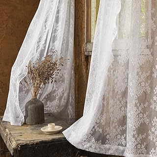 YJ YANJUN Sheer Curtains 90 inches Long White 2 Panels Set Elegant Look Lace French Country Curtains for Living Room Patio Sliding Door Winter Holiday Drapes 52