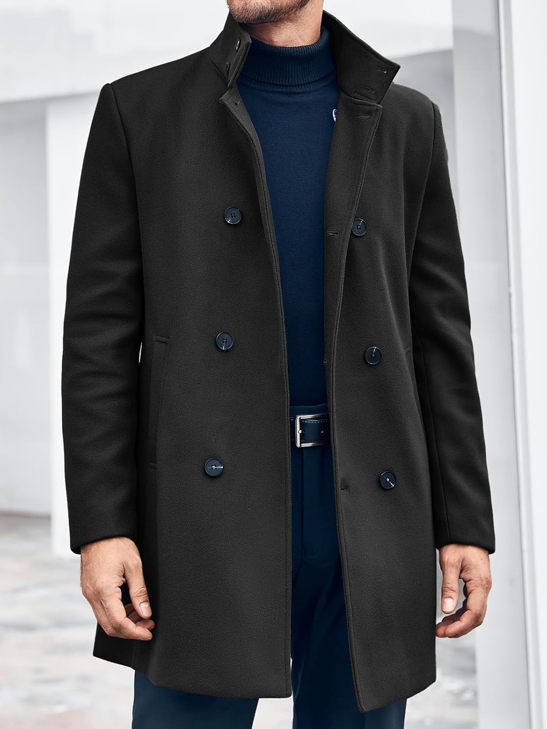 Runcati Mens Mid Long Trench Coat Winter Double Breasted Pea Coat Casual Business Warm Overcoat