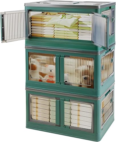 NOCCUR Paquete de 3 cajas de almacenamiento plegables de estilo americano, contenedores de almacenamiento de plástico verde de 14.5 galones con