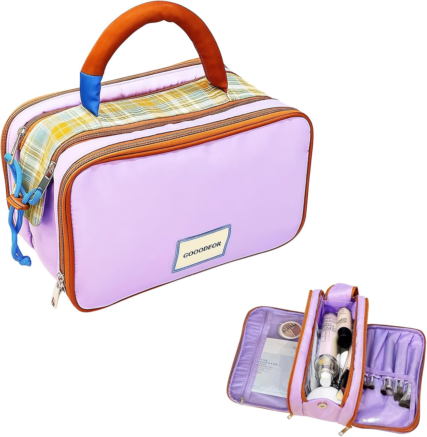 Large Capacity Makeup Cosmetic Toiletry Bags – Portable Organizer with Stylish Plaid Color – Blocking, Ideal for Travel & Storage,Purple