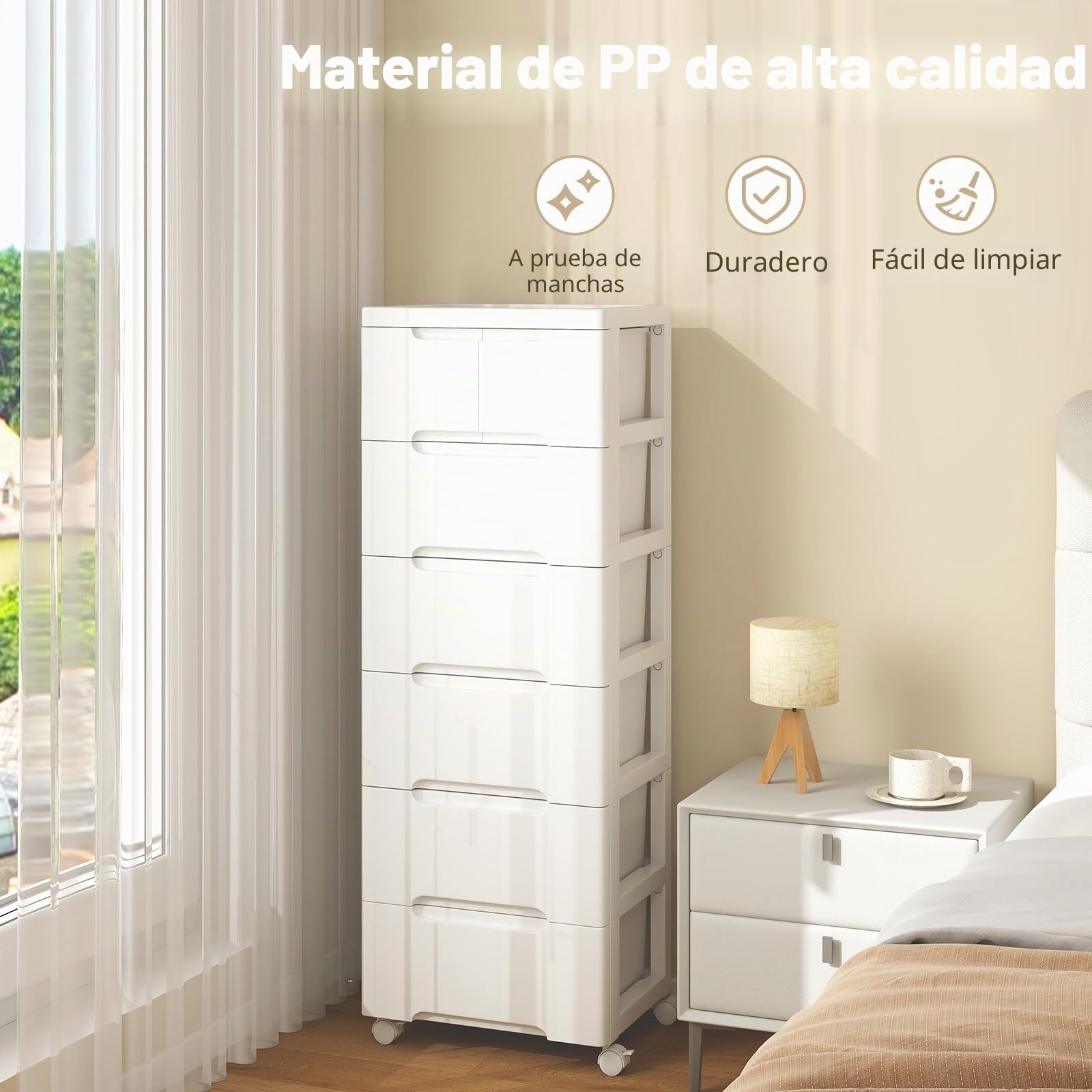 GIANTEX Cajonera de Plástico con 4 Ruedas, Organizador con 5/6/7 Cajones, Carrito de Almacenamiento para Dormitorio, Salón, Estudio (7 Cajones)