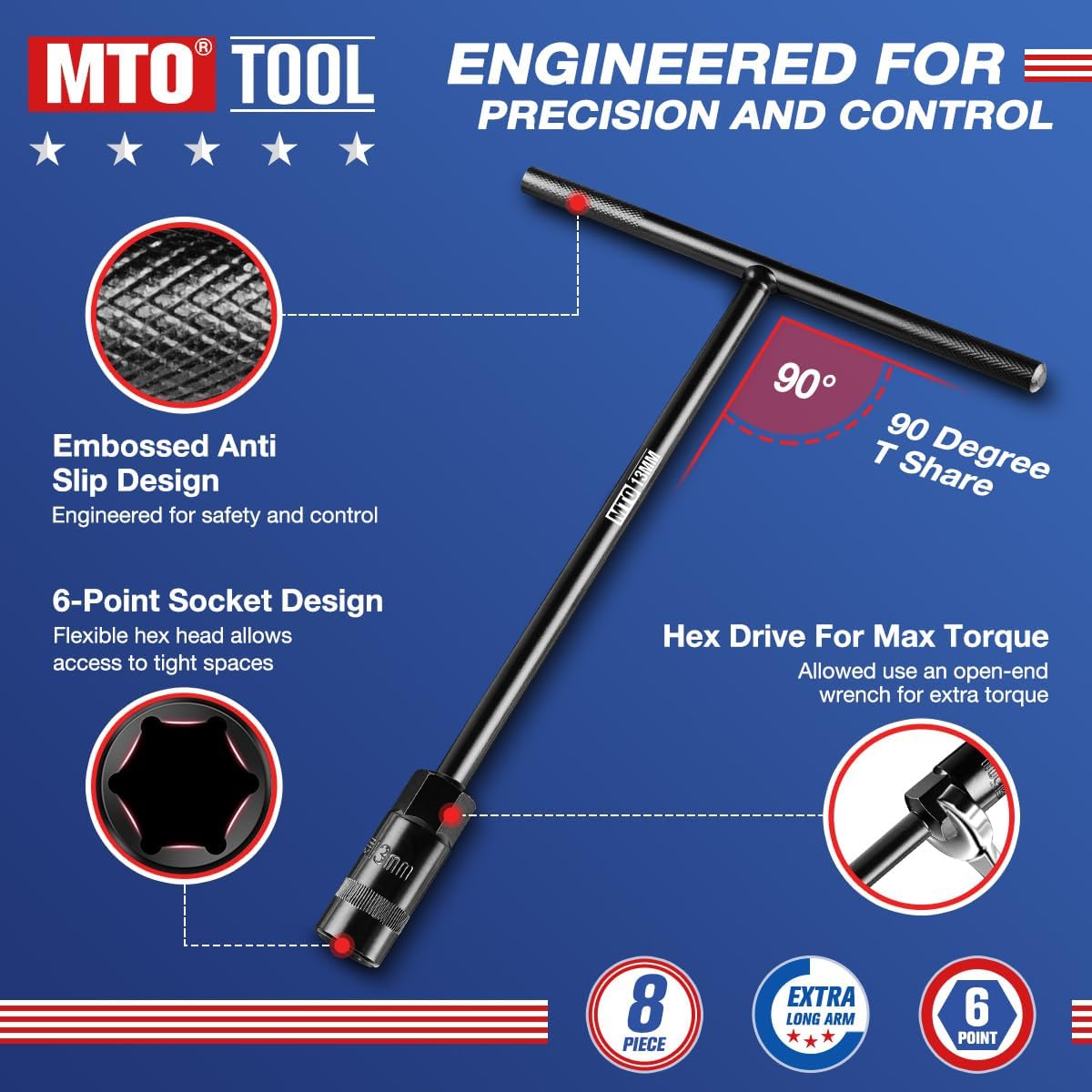 MTO T-Handle Metric Socket Wrench Set, 6-Point (6, 8, 10, 11, 12, 13, 14, 15mm) with Hanging Organizer Strap, Cr-V Steel Lug Wrench Hex Socket for Motorcycle Car Bicycle Repair (8 Pack)
