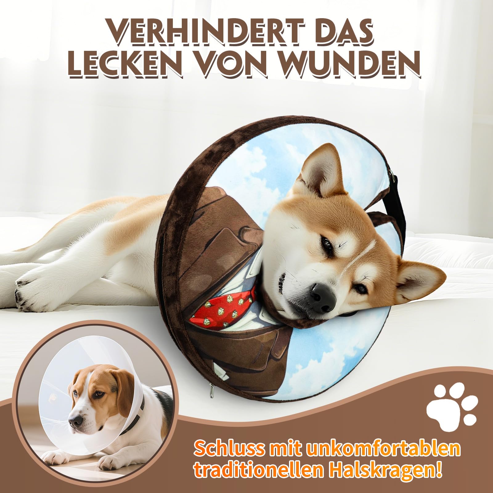 Aufblasbare Halskrause für Hunde & Katzen - Weicher Leckschutz-Kragen mit verstellbarem Kordelzug, Ideal nach Operationen oder bei Wunden, Sicht bleibt frei, L