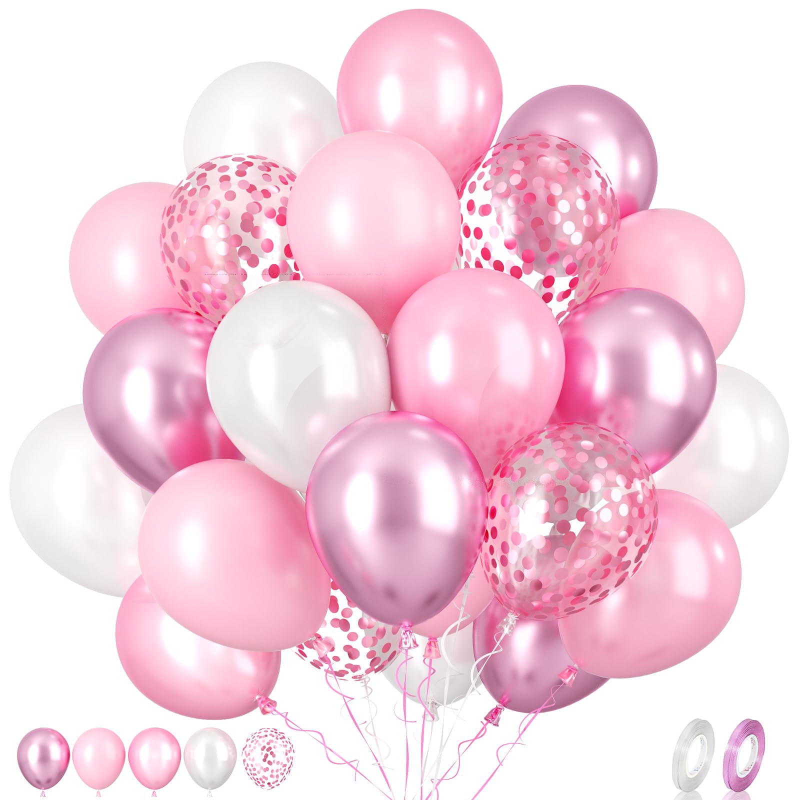Paready Pink Balloons Set, 60 Pcs 12 Inch Pearl Balloons Metallic Macaron Pink Balloon, Pink Confetti Party Balloon for Girl Women Birthday Wedding