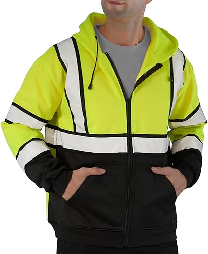 Miniatura 75 de sesafety Sudadera de seguridad de alta visibilidad para hombre, sudadera con capucha reflectante con cremallera clase 3, sudadera con capucha