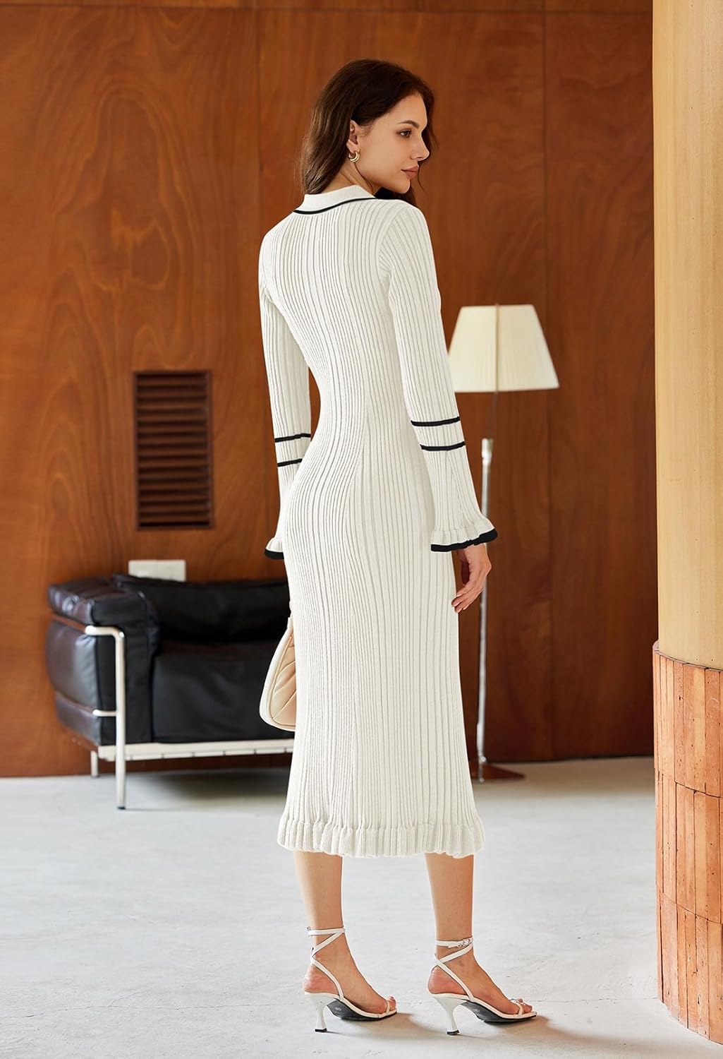 Pink Queen Women's V Neck Bodycon Sweater Dress 2026 Long Sleeve Half Button Slim Fitted Ruffle Ribbed Knit Maxi Pencil Dress - Image 7