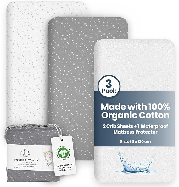 Lilly Belly Ensemble Literie Bébé Coton Bio GOTS (2 Draps-Housses + 1 Alèse Imperméable 60 x 120 cm)