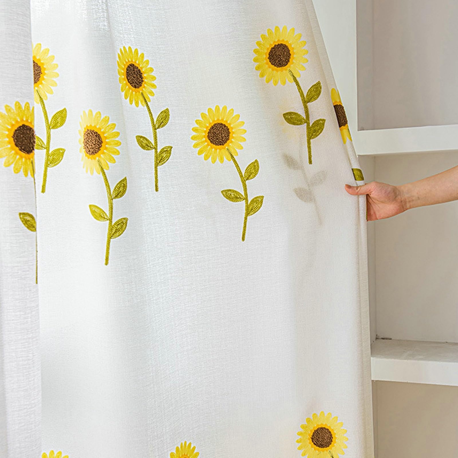 Epinki Voilage Tournesol Blanc en Polyester 107 x 132 cm Rideau pour Chambre à Oeillets, 2 Panneaux