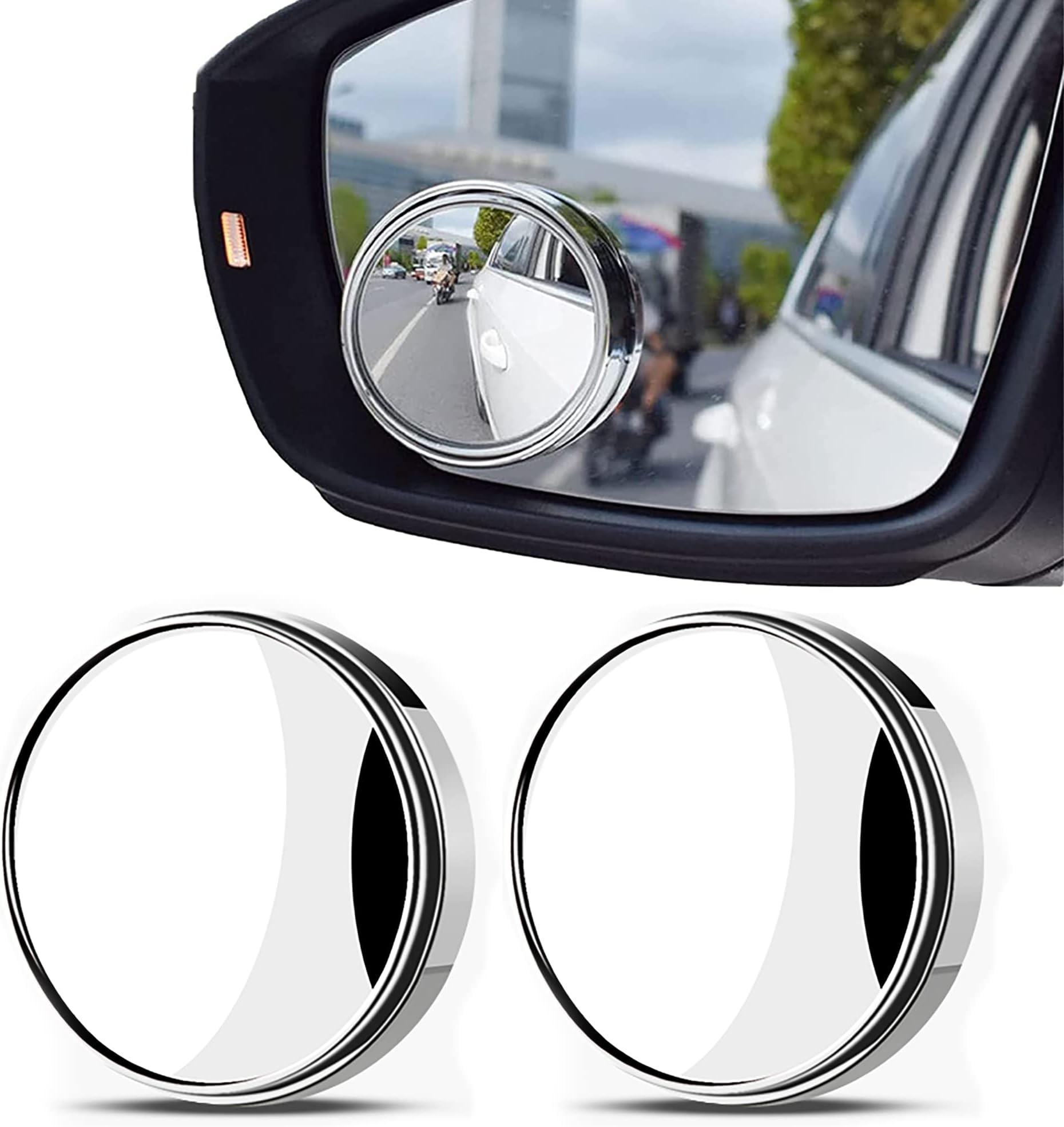 IRYNA 2 Pcs Blind Spot Mirrors, 360° Rotate Sway Silver Round Curved Convex Outside Wide Angle Mirror, Waterproof HD Crystal Glass Blindspot Mirrors For Car, SUV Trucks Traffic Safety