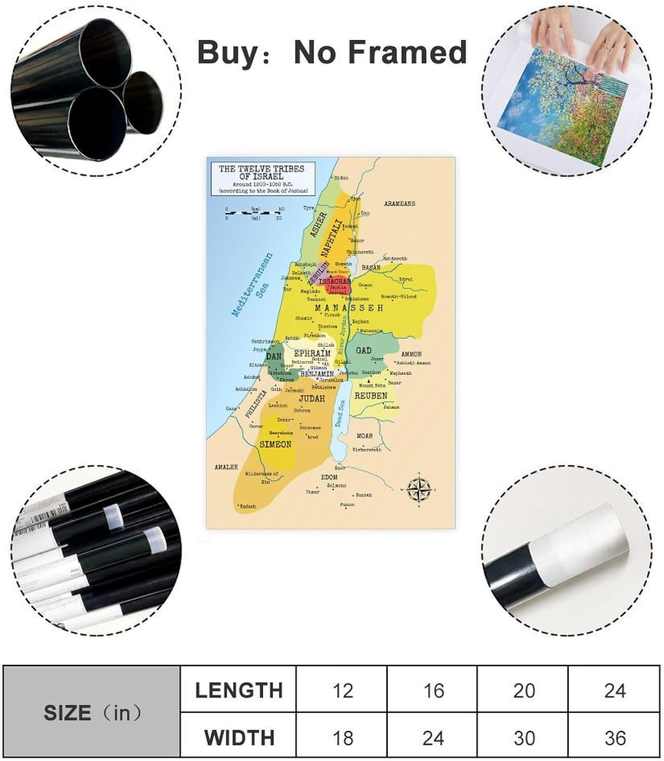 Bible Map Poster 12 Tribes of Israel Map Canvas Print Wall Art Landscape Picture Painting Poster for Living Room Bedroom Office Decor 24x36inch(60x90cm) Unframe