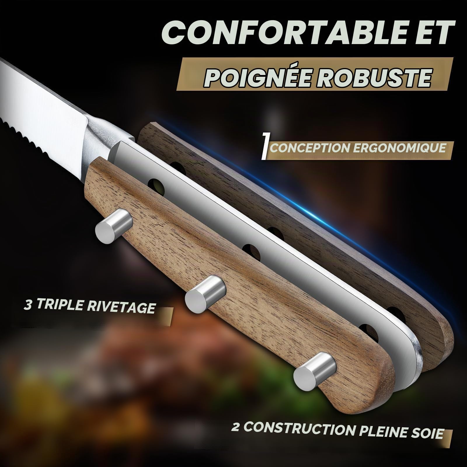 Freelander Lot de 4 Couteaux à Steak Dentelés avec Manche en Bois | Lames Dentelées Tranchantes, Manche Ergonomique en Bois, Idéal pour Steak, Viande et Repas Quotidiens
