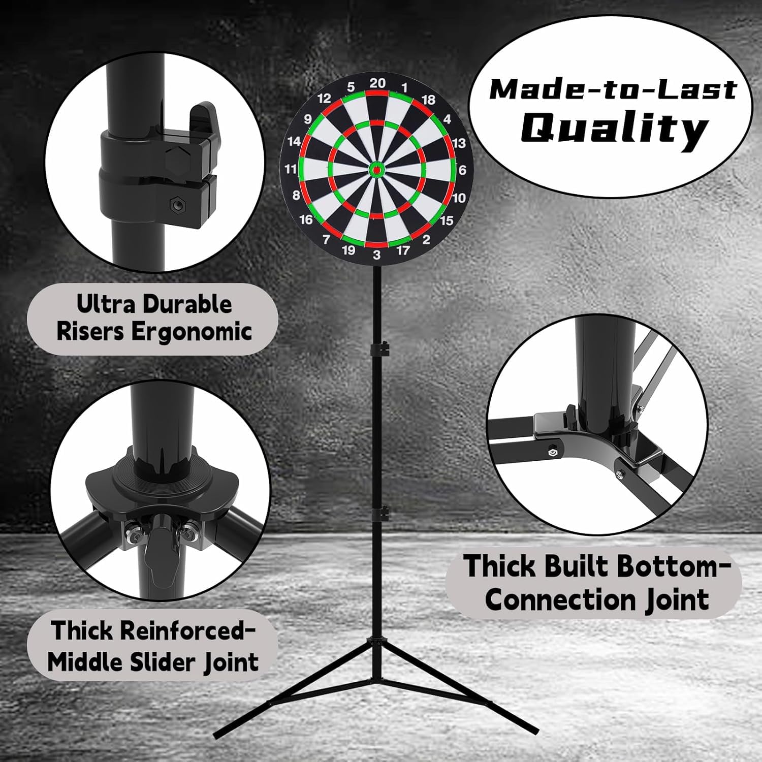 Bersaglio per freccette con supporto, 86-188 cm, regolabile in altezza, bersaglio da 46 cm, robusto tre piedi, design portatile con 6 freccette per viaggi, casa, pub o giochi all'aperto