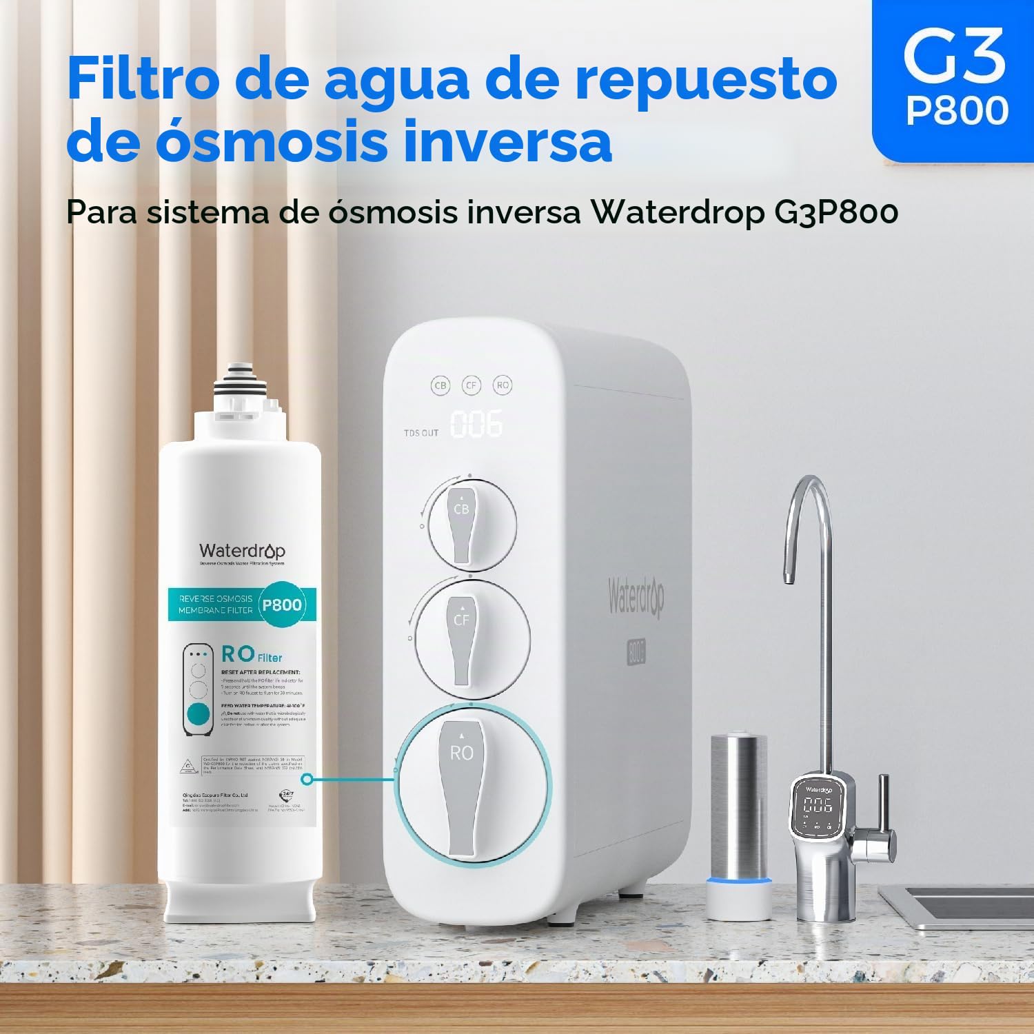 Waterdrop WD-G3P800-N2RO Filtro, Recambio para el Sistema de Osmosis Inversa sin Depósito WD-G3P800-W, Reducir los PFAS, 2 Años de Vida Util