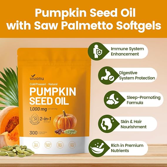 VivoNu Pumpkin Seed Oil with Saw Palmetto Capsules,300 Softgels,Non-GMO | Cold Pressed, Pure Virgin Oil, Essential Fatty Acids & Phytosterols | Supports Hair, Urinary, Bladder & Prostate Health