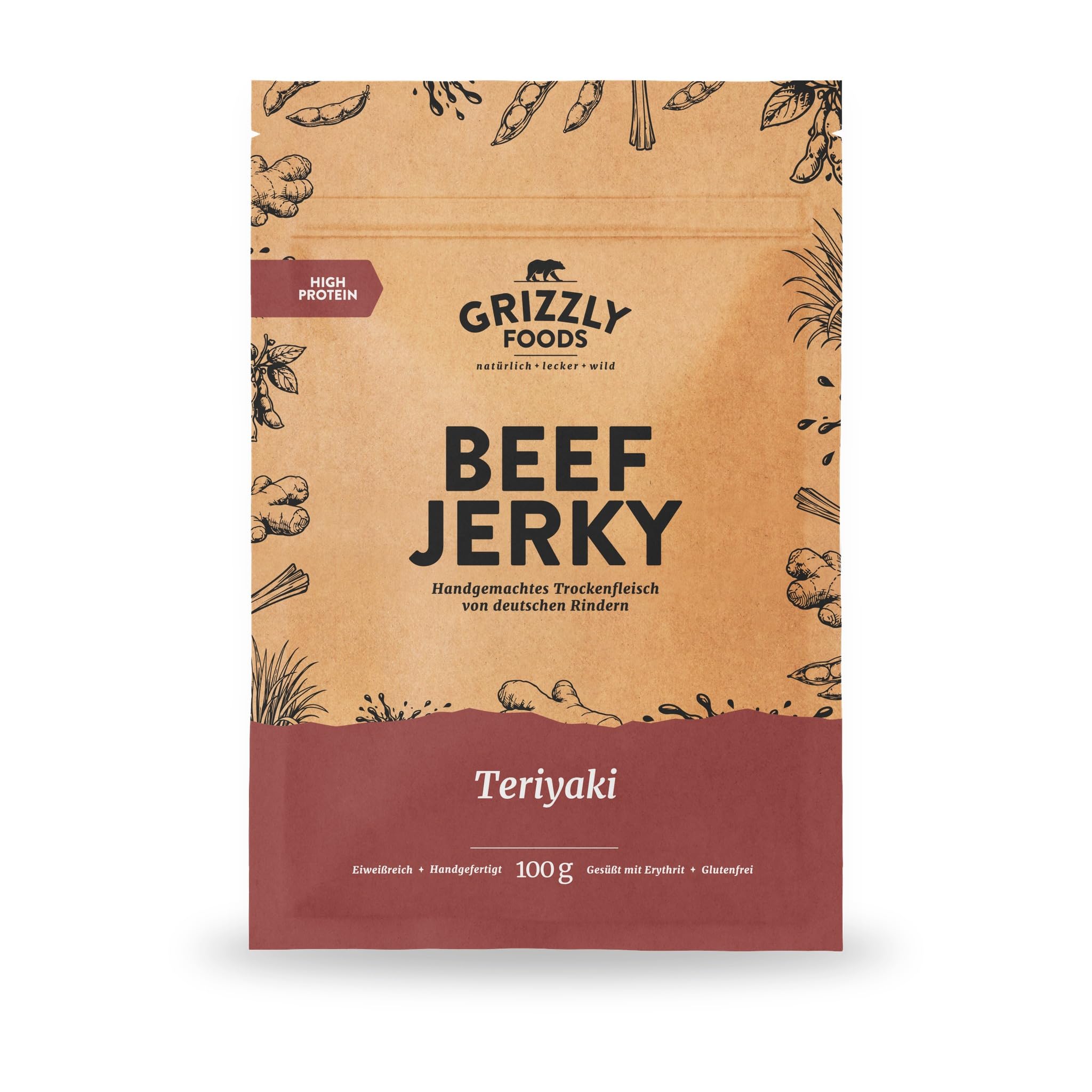 Grizzly Foods zestaw próbny Beef Jerky z 6 rodzajami (6 x 100 g) • suszone mięso niemieckiego bydła • przekąska o wysokiej zawartości białka • idealny w podróży, do biura, uprawiania sportu